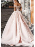 Off Shoulder Blush Pink Lace Tulle Princess Wedding Dress